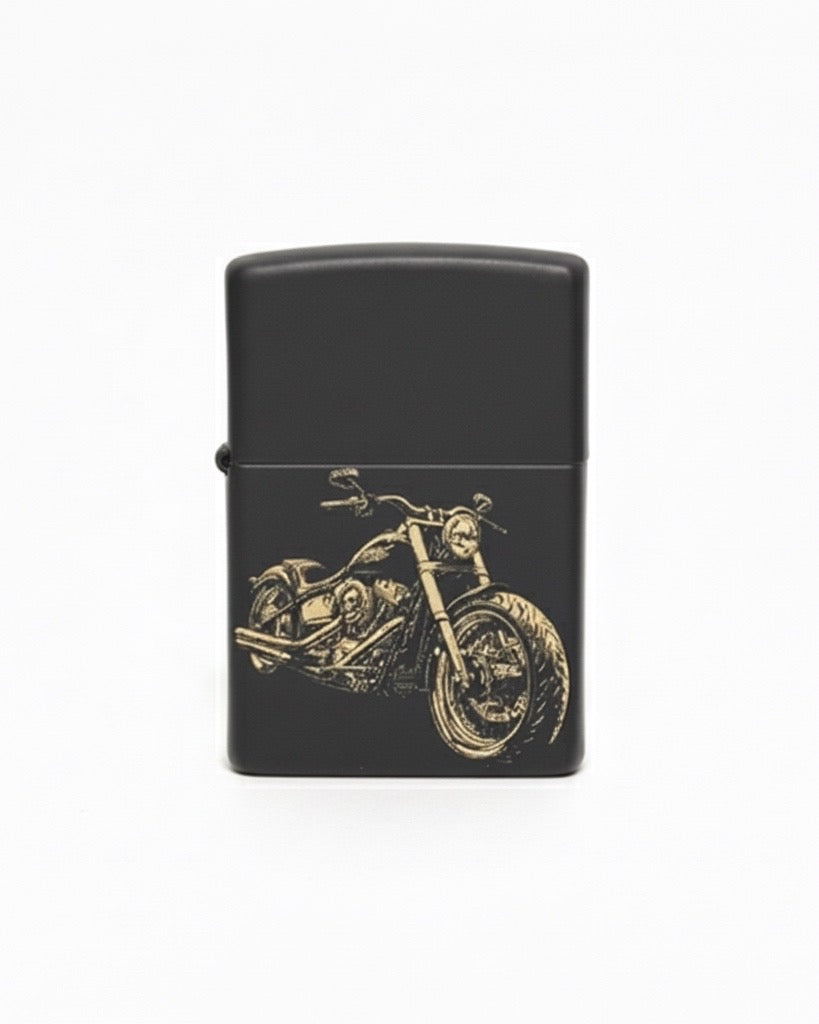 Feuerzeug mit Motorrad-Gravur, Schwarz Matt, Metall, Personalisierbar, Nachfüllbar, 5,7 x 3,9 x 1,3 cm