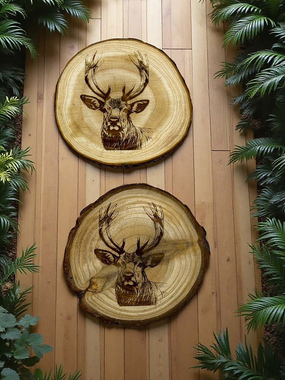 Rustikale Holzscheiben mit Hirsch-Gravur, Naturholz Untersetzer, 10cm Baumscheiben, 2 Stück