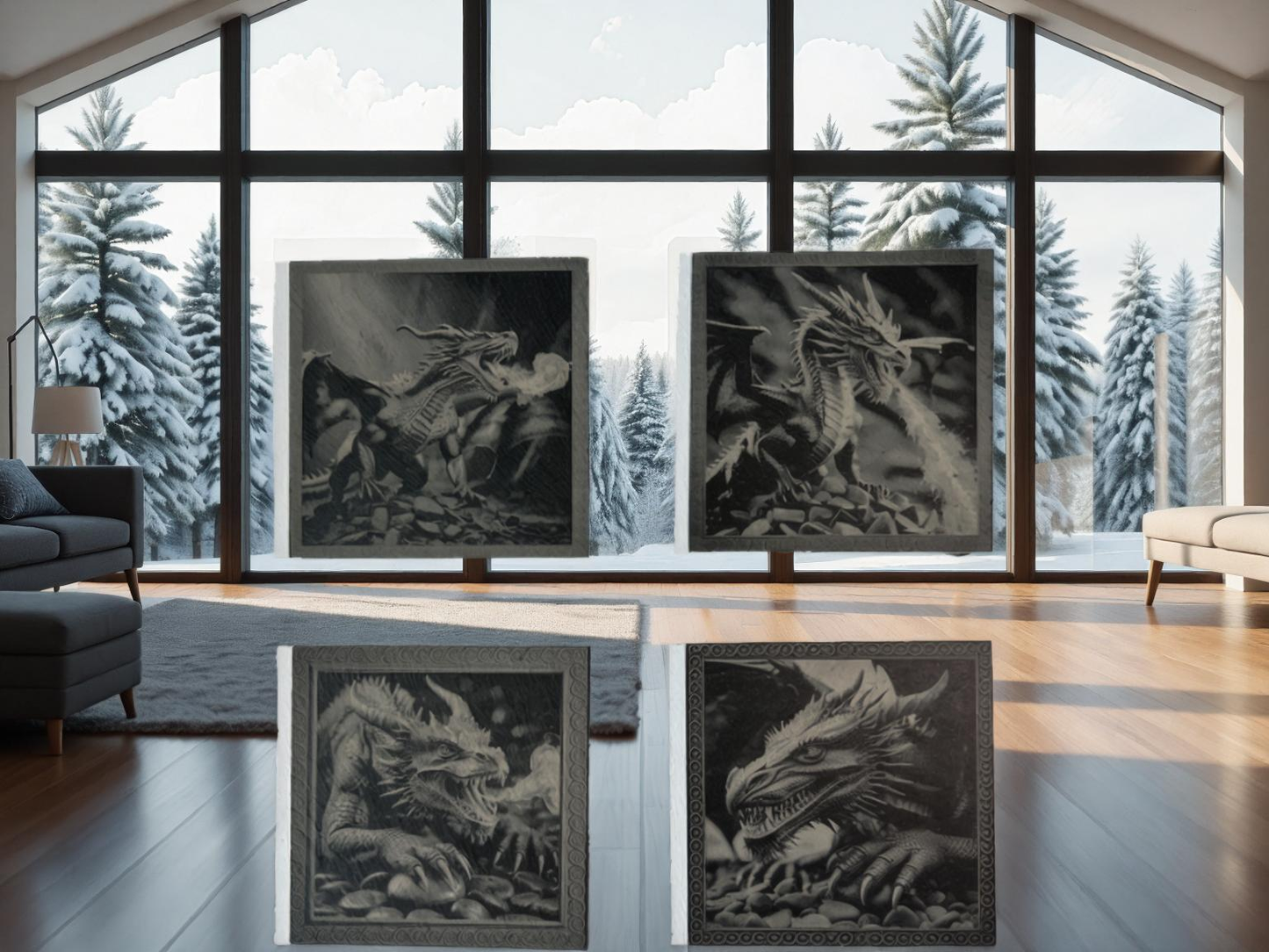 Schieferuntersetzer mit Drachen Gravur, Naturschiefer, Quadratisch, 10 x 10 cm, Schwarz-grau, 4er-Set, Dekorative Drachenmotive, Glatte Kanten