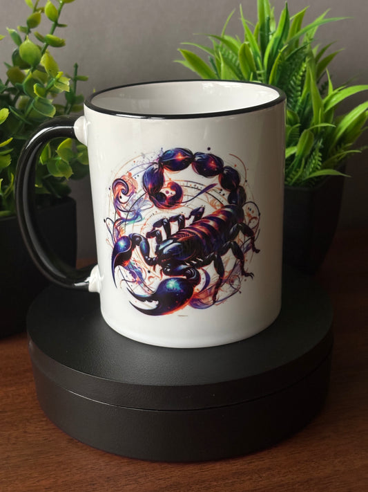 Tasse mit Sternzeichen-Motiv Skorpion / beidseitig bedruckt / Spülmaschinenfest /Sublimationstasse mit hochwertiger Orca-Beschichtung/ weiß – schwarz glänzend/ 330 ml
