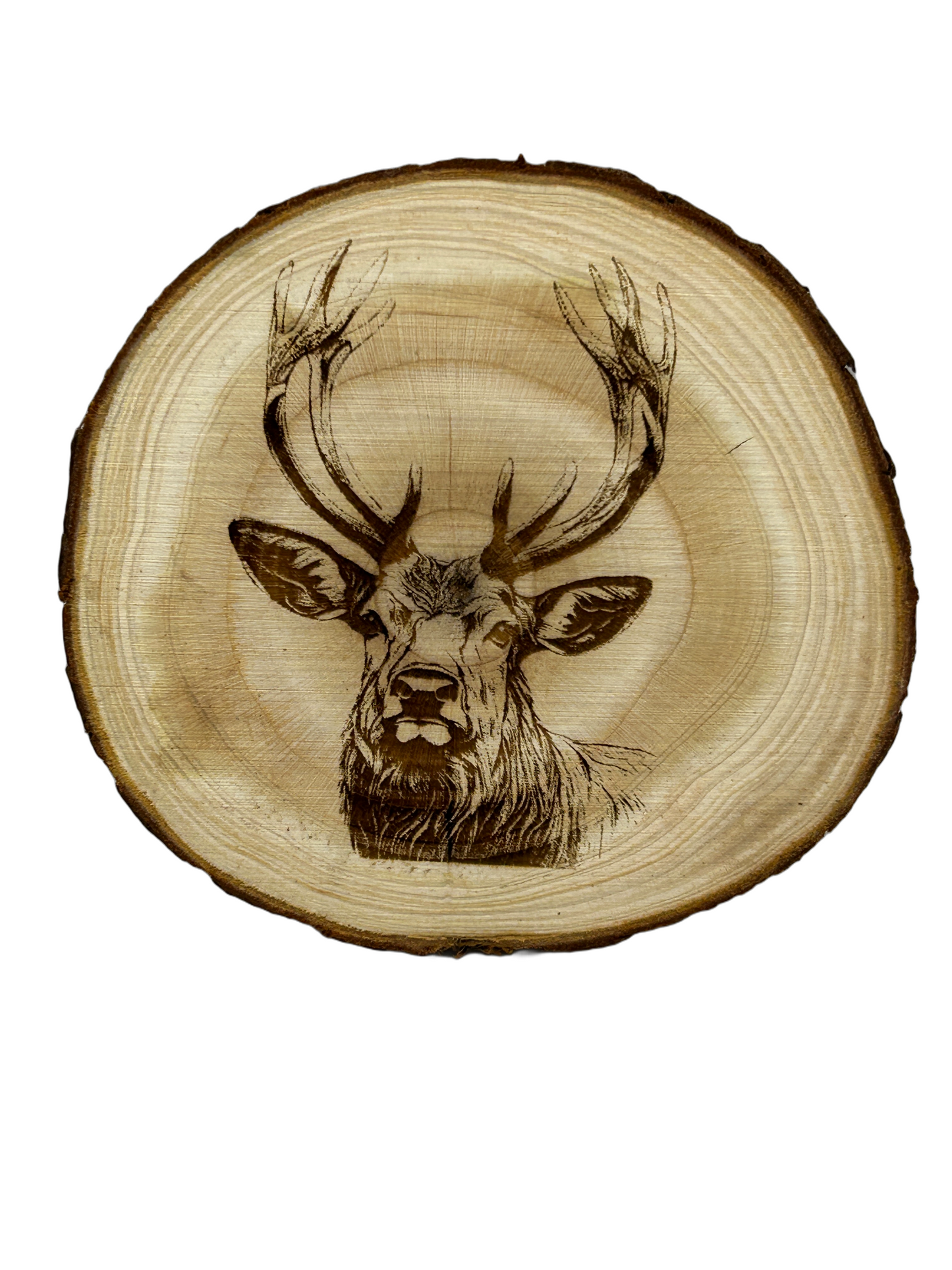 Rustikale Holzscheiben mit Hirsch-Gravur, Naturholz Untersetzer, 10cm Baumscheiben, 2 Stück