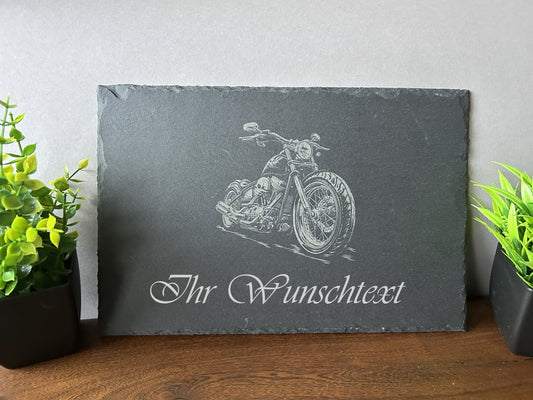 WAS Germany  Naturschiefer-Servierplatte, mit Motorrad Motiv, Schiefertafel personalisierbar mit Gravur 30 × 20 x 0,6 cm, Rechteckig,  für Käse, Sushi und Antipasti