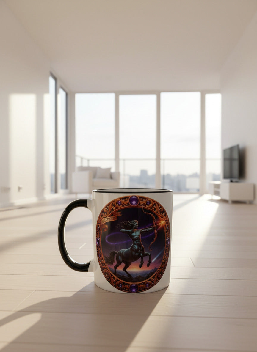 Tasse mit Sternzeichen-Motiv Schütze / beidseitig bedruckt / Spülmaschinenfest /Sublimationstasse mit hochwertiger Orca-Beschichtung/ weiß –schwarz glänzend/ 330 ml