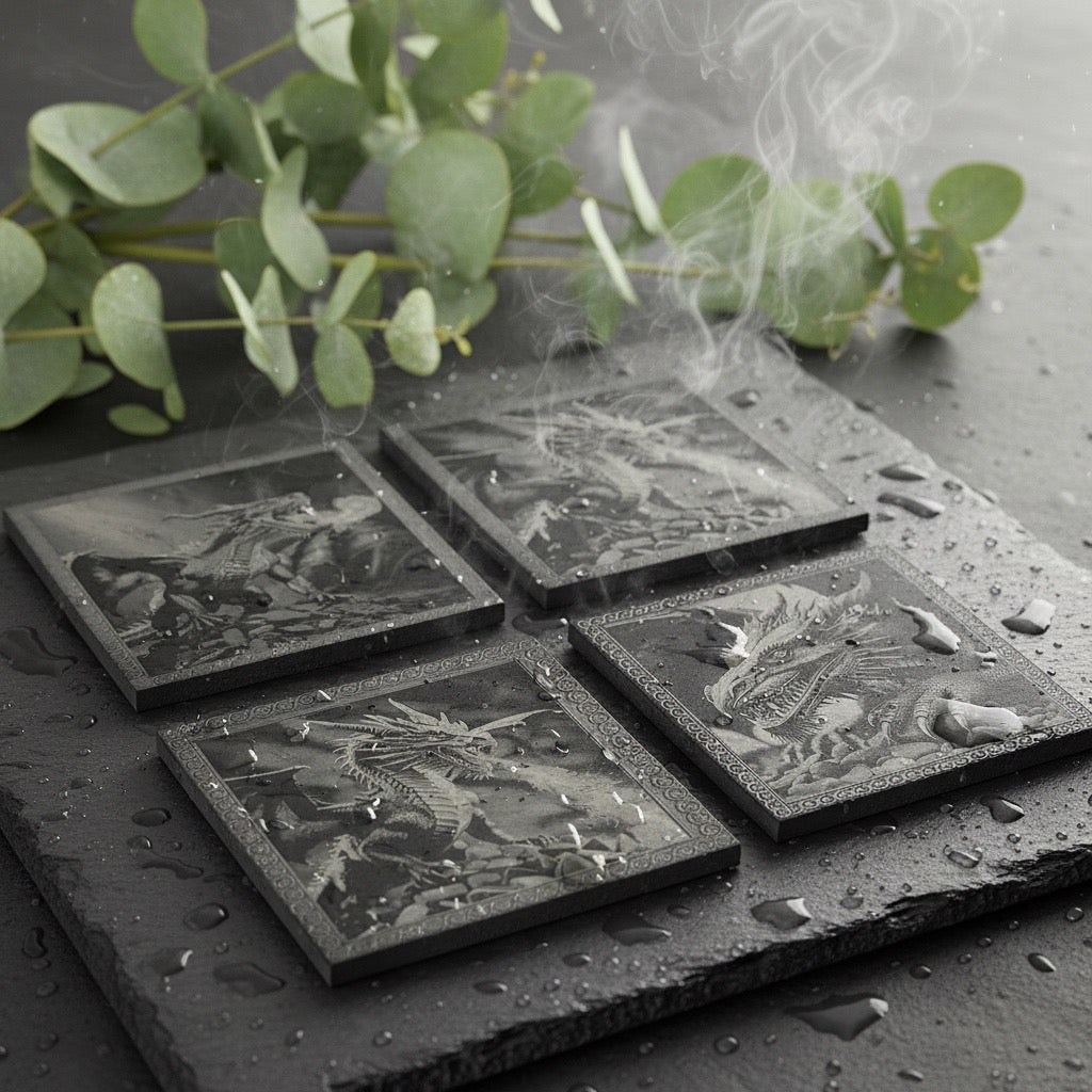 Schieferuntersetzer mit Drachen Gravur, Naturschiefer, Quadratisch, 10 x 10 cm, Schwarz-grau, 4er-Set, Dekorative Drachenmotive, Glatte Kanten