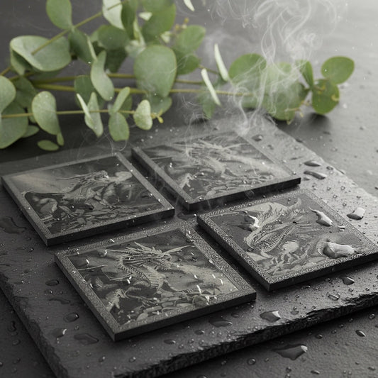 Schieferuntersetzer mit Drachen Gravur, Naturschiefer, Quadratisch, 10 x 10 cm, Schwarz-grau, 4er-Set, Dekorative Drachenmotive, Glatte Kanten