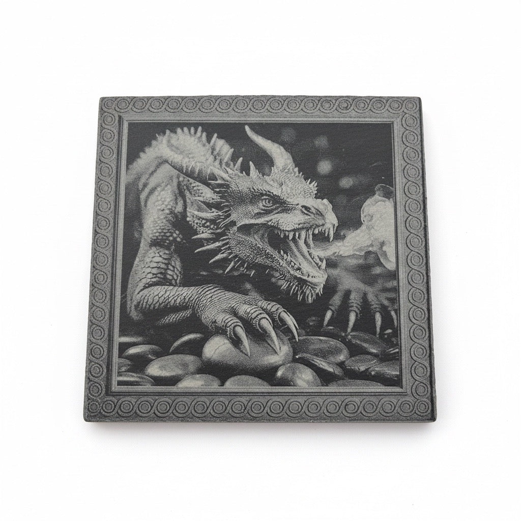 Schieferuntersetzer mit Drachen Gravur, Naturschiefer, Quadratisch, 10 x 10 cm, Schwarz-grau, 4er-Set, Dekorative Drachenmotive, Glatte Kanten