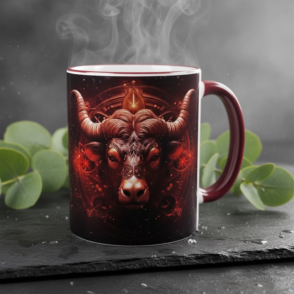 Tasse mit Sternzeichen-Motiv Stier / beidseitig bedruckt / Spülmaschinenfest /Sublimationstasse mit hochwertiger Orca-Beschichtung/ weiß-maroon glänzend/ 330 ml