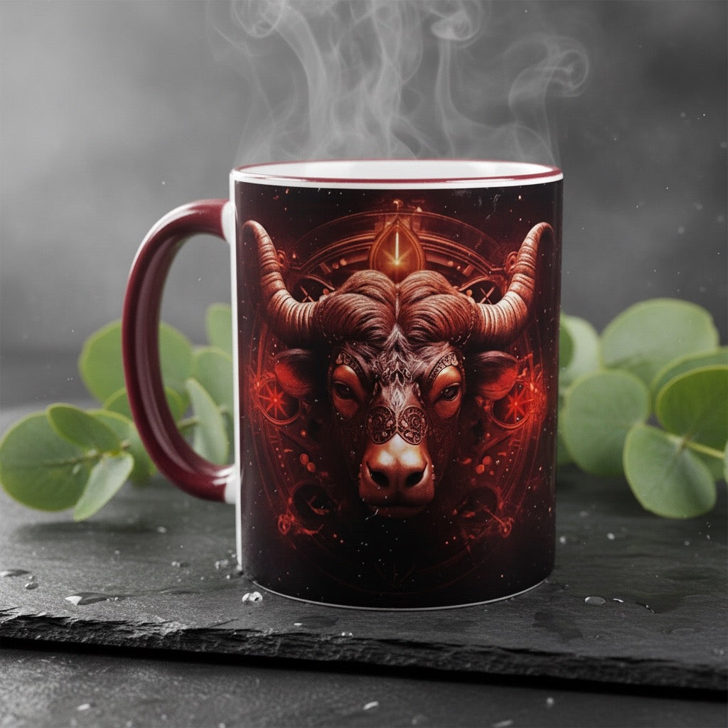Tasse mit Sternzeichen-Motiv Stier / beidseitig bedruckt / Spülmaschinenfest /Sublimationstasse mit hochwertiger Orca-Beschichtung/ weiß-maroon glänzend/ 330 ml