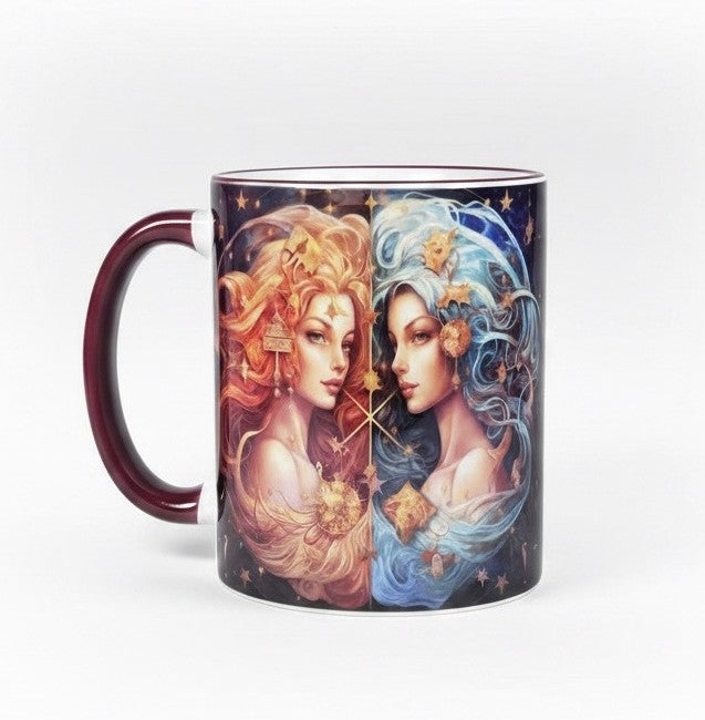 Tasse mit Sternzeichen-Motiv Zwillinge / beidseitig bedruckt / Spülmaschinenfest /Sublimationstasse mit hochwertiger Orca-Beschichtung/ weiß-maroon glänzend/ 330 ml