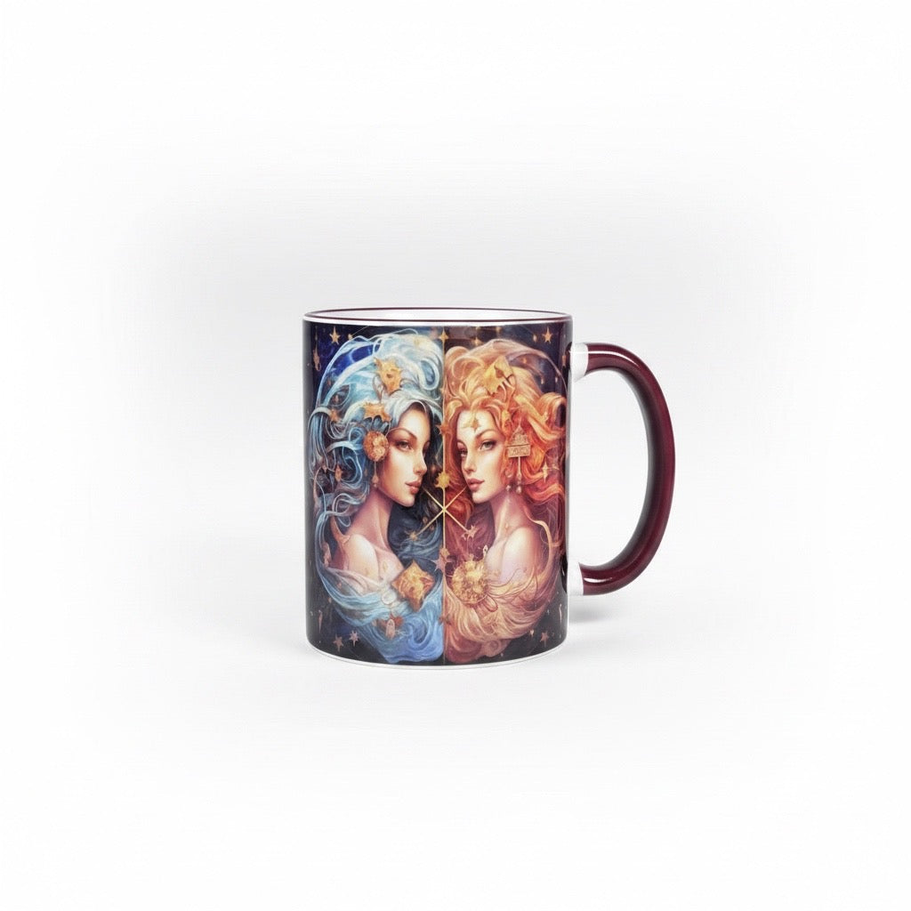 Tasse mit Sternzeichen-Motiv Zwillinge / beidseitig bedruckt / Spülmaschinenfest /Sublimationstasse mit hochwertiger Orca-Beschichtung/ weiß-maroon glänzend/ 330 ml