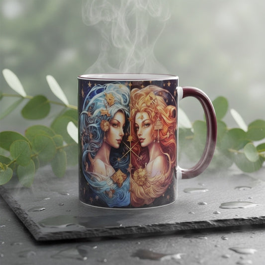 Tasse mit Sternzeichen-Motiv Zwillinge / beidseitig bedruckt / Spülmaschinenfest /Sublimationstasse mit hochwertiger Orca-Beschichtung/ weiß-maroon glänzend/ 330 ml