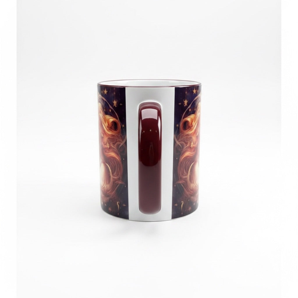 Tasse mit Sternzeichen-Motiv Zwillinge / beidseitig bedruckt / Spülmaschinenfest /Sublimationstasse mit hochwertiger Orca-Beschichtung/ weiß-maroon glänzend/ 330 ml