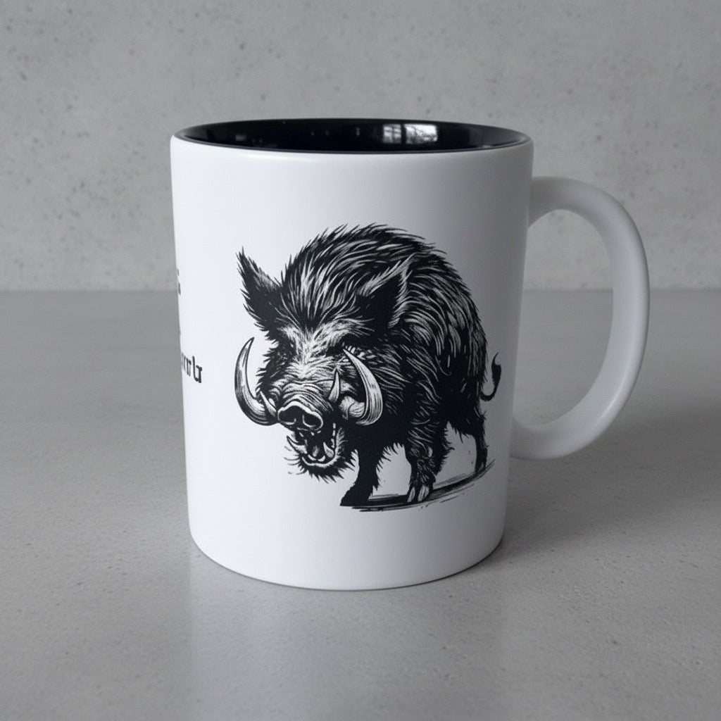 Keramik Kaffeetasse mit Lasergravur, Wildschwein-Motiv, Weiß mit schwarzem Innenbereich, 350ml,  Tiermotiv, personalisierbar, Geschenk, Geburtstag, Vatertag, Muttertag