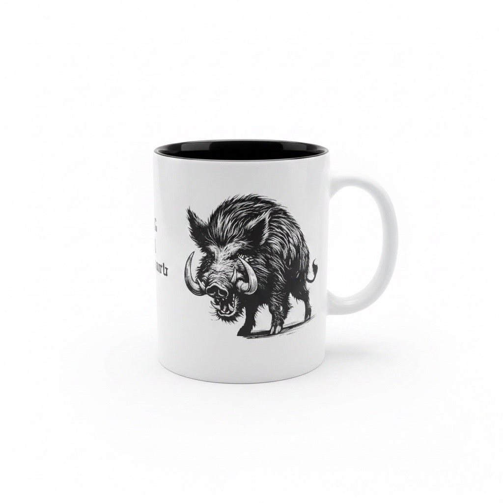 Keramik Kaffeetasse mit Lasergravur, Wildschwein-Motiv, Weiß mit schwarzem Innenbereich, 350ml,  Tiermotiv, personalisierbar, Geschenk, Geburtstag, Vatertag, Muttertag