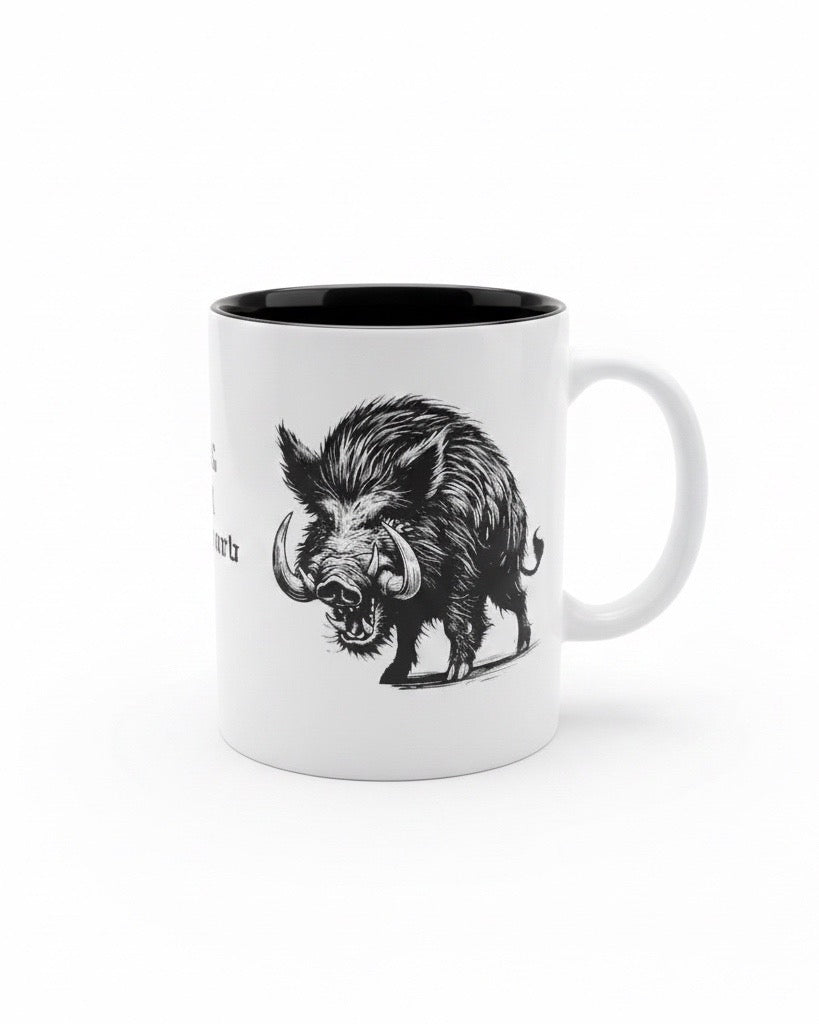 Keramik Kaffeetasse mit Lasergravur, Wildschwein-Motiv, Weiß mit schwarzem Innenbereich, 350ml,  Tiermotiv, personalisierbar, Geschenk, Geburtstag, Vatertag, Muttertag