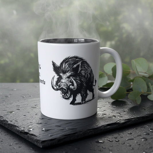 Keramik Kaffeetasse mit Lasergravur, Wildschwein-Motiv, Weiß mit schwarzem Innenbereich, 350ml,  Tiermotiv, personalisierbar, Geschenk, Geburtstag, Vatertag, Muttertag