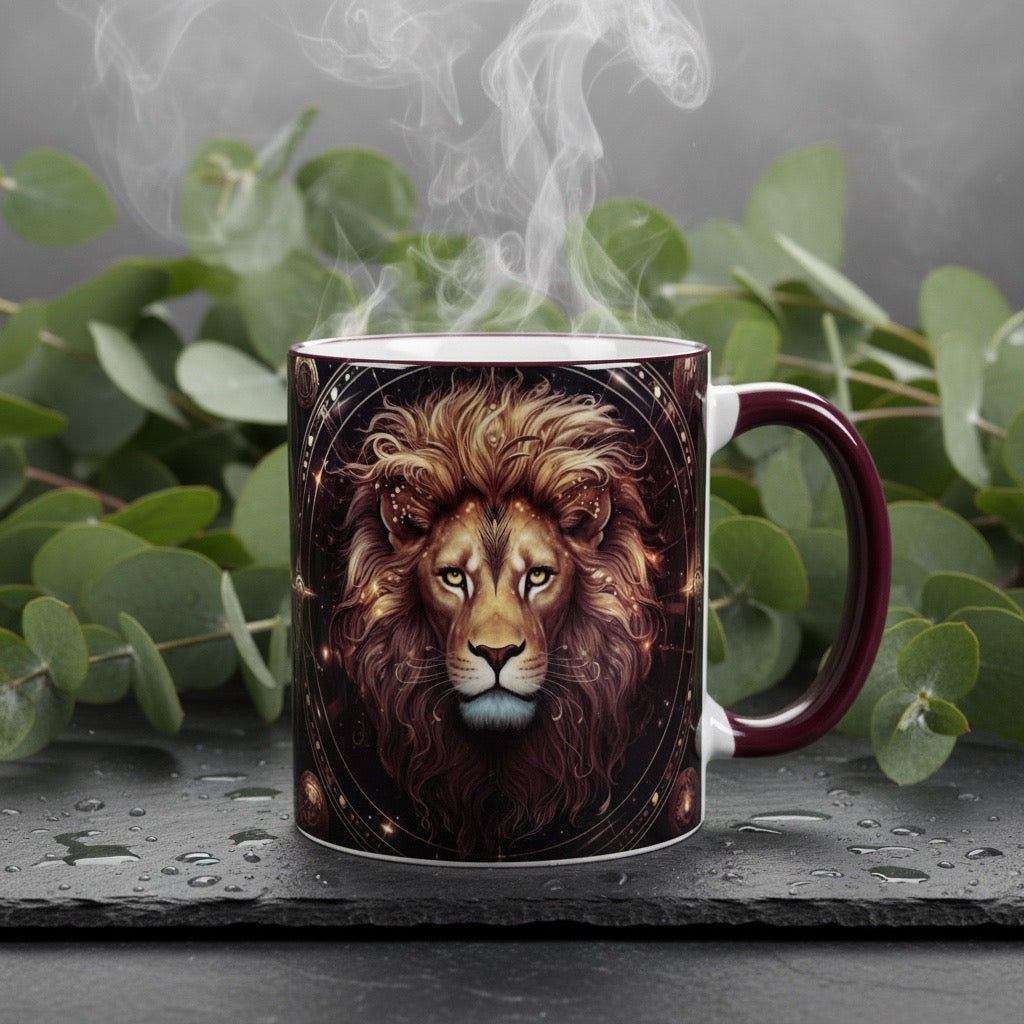 Tasse mit Sternzeichen-Motiv Löwe / beidseitig bedruckt / Spülmaschinenfest /Sublimationstasse mit hochwertiger Orca-Beschichtung/ weiß-maroon glänzend/ 330 ml