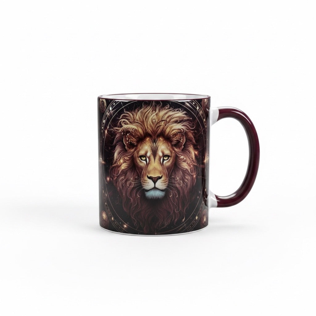 Tasse mit Sternzeichen-Motiv Löwe / beidseitig bedruckt / Spülmaschinenfest /Sublimationstasse mit hochwertiger Orca-Beschichtung/ weiß-maroon glänzend/ 330 ml