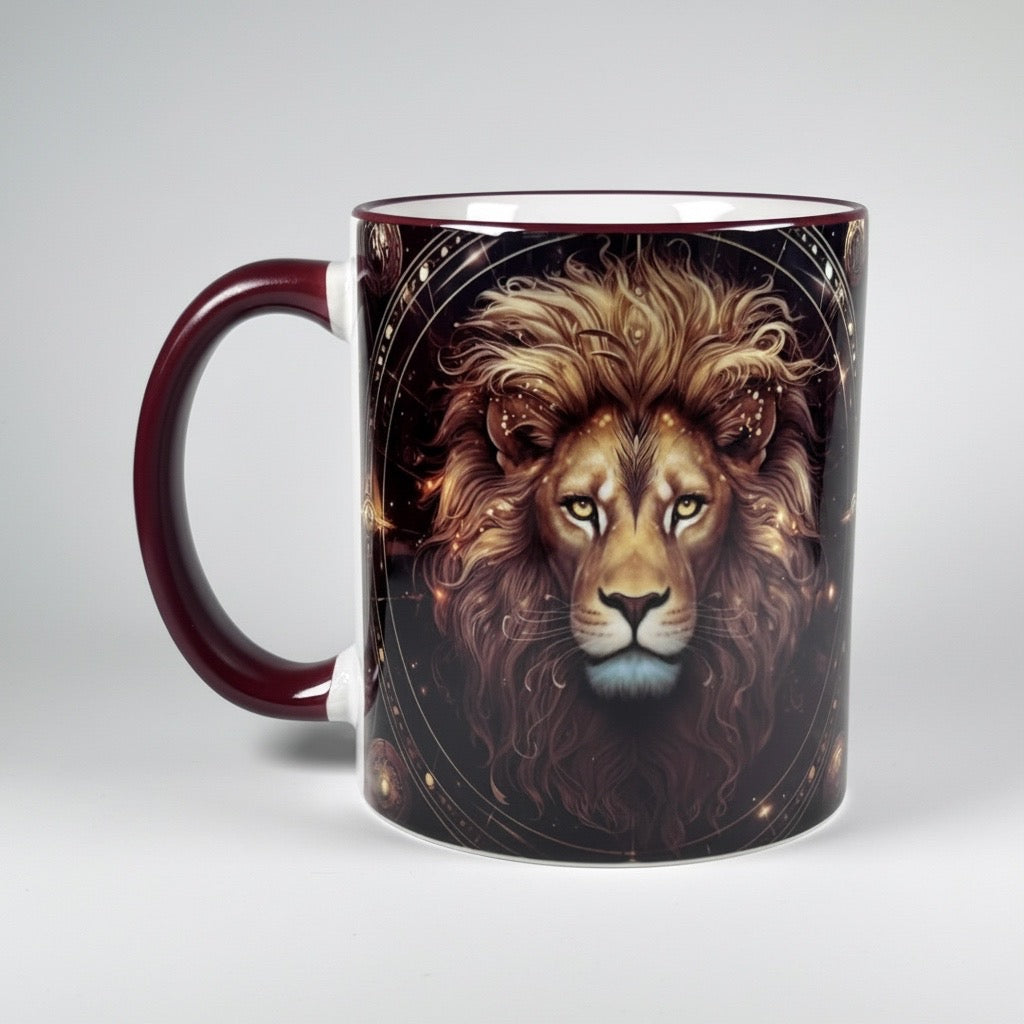 Tasse mit Sternzeichen-Motiv Löwe / beidseitig bedruckt / Spülmaschinenfest /Sublimationstasse mit hochwertiger Orca-Beschichtung/ weiß-maroon glänzend/ 330 ml