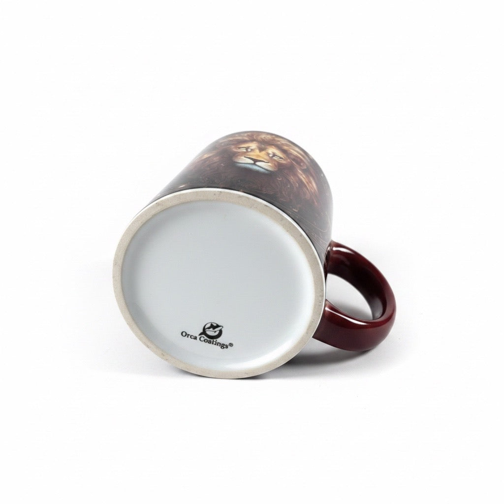 Tasse mit Sternzeichen-Motiv Löwe / beidseitig bedruckt / Spülmaschinenfest /Sublimationstasse mit hochwertiger Orca-Beschichtung/ weiß-maroon glänzend/ 330 ml