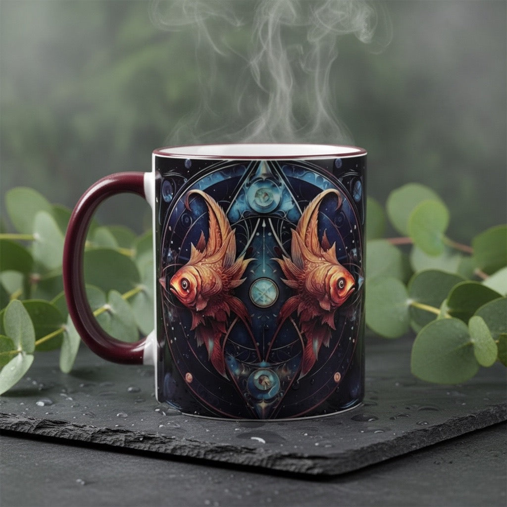 Tasse mit Sternzeichen-Motiv Fische / beidseitig bedruckt / Spülmaschinenfest /Sublimationstasse mit hochwertiger Orca-Beschichtung/ weiß-maroon glänzend/ 330 ml