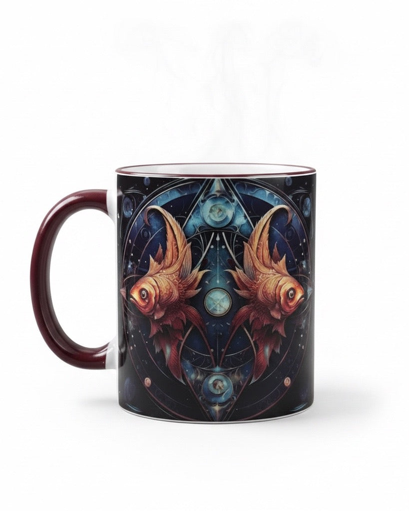 Tasse mit Sternzeichen-Motiv Fische / beidseitig bedruckt / Spülmaschinenfest /Sublimationstasse mit hochwertiger Orca-Beschichtung/ weiß-maroon glänzend/ 330 ml