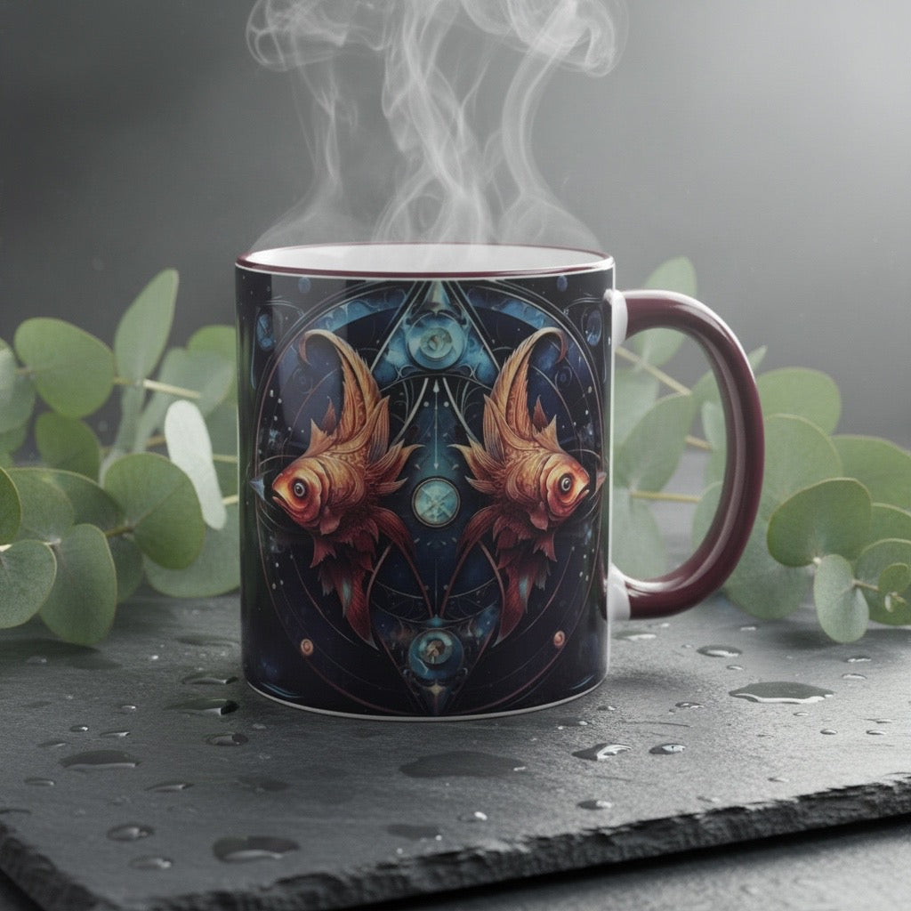 Tasse mit Sternzeichen-Motiv Fische / beidseitig bedruckt / Spülmaschinenfest /Sublimationstasse mit hochwertiger Orca-Beschichtung/ weiß-maroon glänzend/ 330 ml