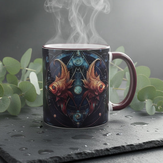 Tasse mit Sternzeichen-Motiv Fische / beidseitig bedruckt / Spülmaschinenfest /Sublimationstasse mit hochwertiger Orca-Beschichtung/ weiß-maroon glänzend/ 330 ml