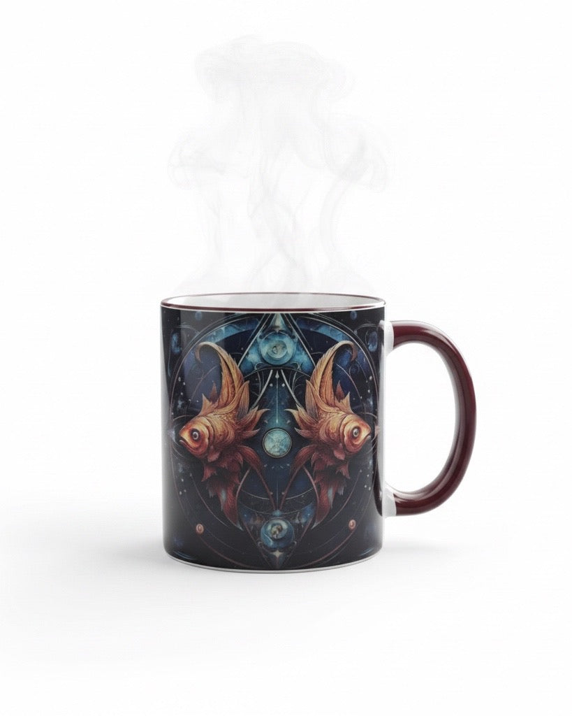 Tasse mit Sternzeichen-Motiv Fische / beidseitig bedruckt / Spülmaschinenfest /Sublimationstasse mit hochwertiger Orca-Beschichtung/ weiß-maroon glänzend/ 330 ml