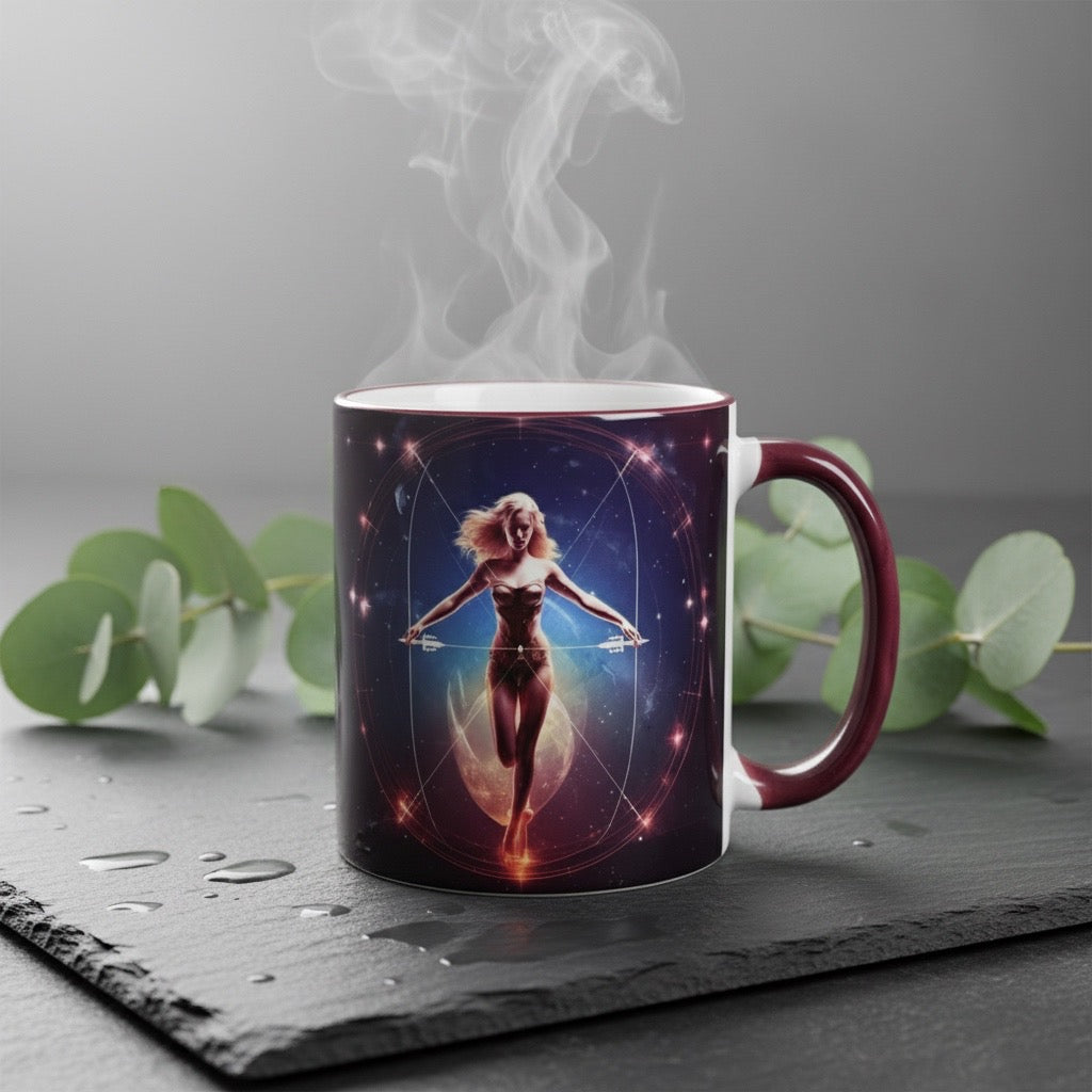Tasse mit Sternzeichen-Motiv Schütze / beidseitig bedruckt / Spülmaschinenfest /Sublimationstasse mit hochwertiger Orca-Beschichtung/ weiß-maroon glänzend/ 330 ml