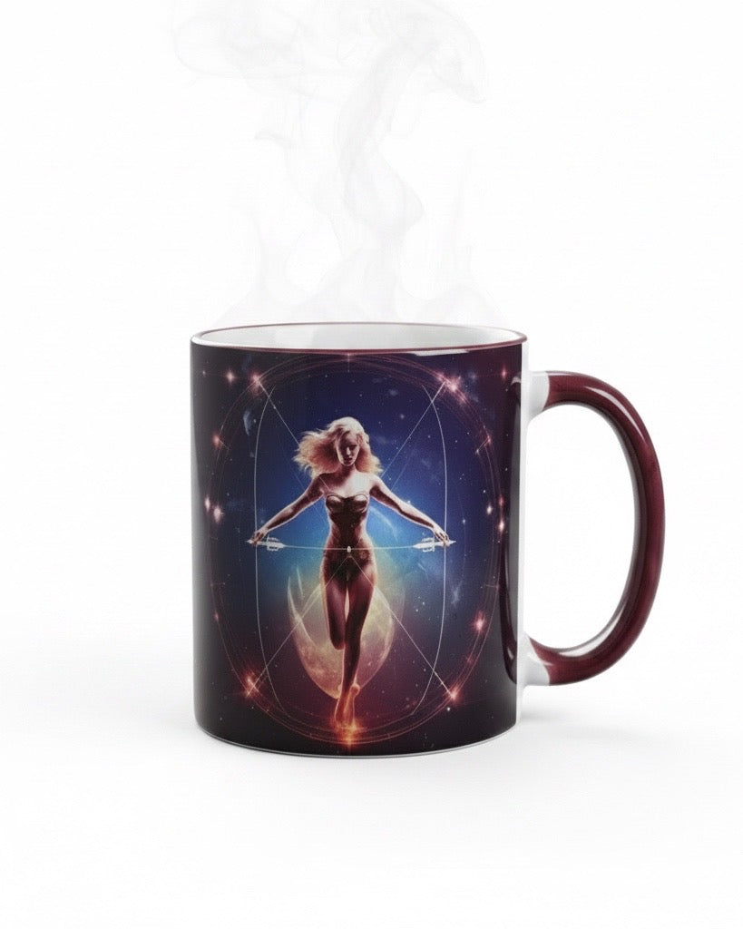 Tasse mit Sternzeichen-Motiv Schütze / beidseitig bedruckt / Spülmaschinenfest /Sublimationstasse mit hochwertiger Orca-Beschichtung/ weiß-maroon glänzend/ 330 ml