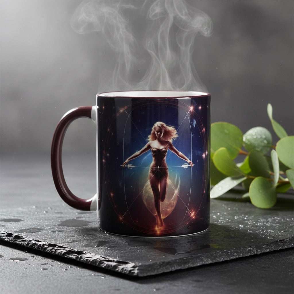 Tasse mit Sternzeichen-Motiv Schütze / beidseitig bedruckt / Spülmaschinenfest /Sublimationstasse mit hochwertiger Orca-Beschichtung/ weiß-maroon glänzend/ 330 ml