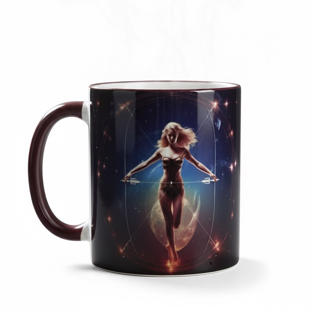 Tasse mit Sternzeichen-Motiv Schütze / beidseitig bedruckt / Spülmaschinenfest /Sublimationstasse mit hochwertiger Orca-Beschichtung/ weiß-maroon glänzend/ 330 ml