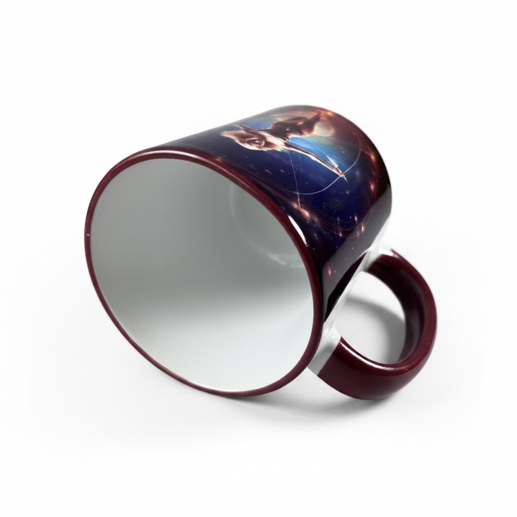 Tasse mit Sternzeichen-Motiv Schütze / beidseitig bedruckt / Spülmaschinenfest /Sublimationstasse mit hochwertiger Orca-Beschichtung/ weiß-maroon glänzend/ 330 ml