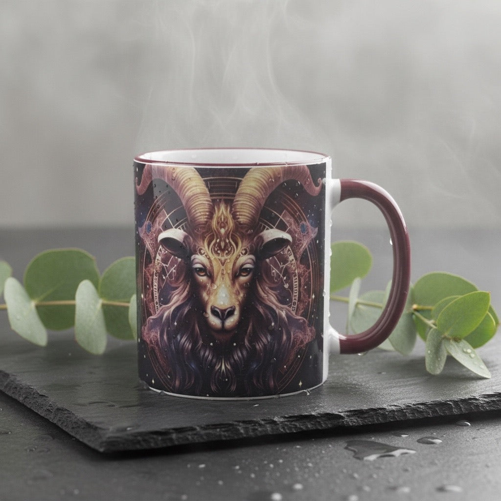 Tasse mit Sternzeichen-Motiv Steinbock / beidseitig bedruckt / Spülmaschinenfest /Sublimationstasse mit hochwertiger Orca-Beschichtung/ weiß – blau glänzend/ 330 ml