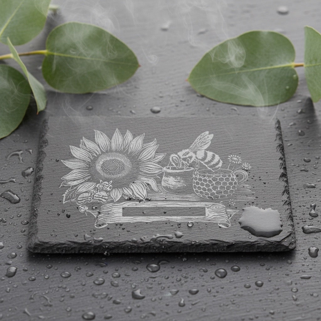 WAS Germany  Naturschiefer-Servierplatte, mit Biene und Sonnenblume, Schiefertafel personalisierbar mit Gravur 30 × 20 x 0,6 cm,   für Käse, Sushi und Antipasti