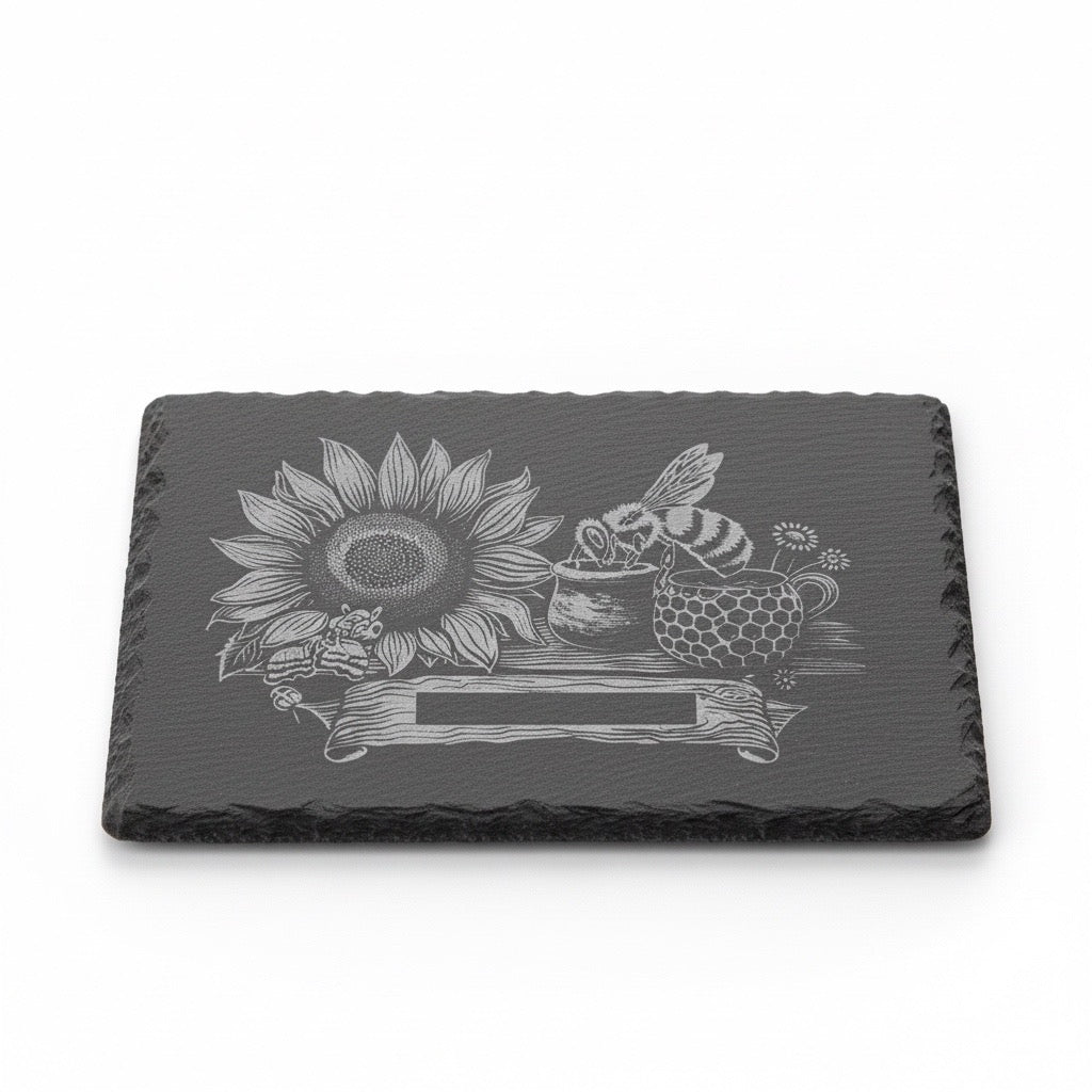 WAS Germany  Naturschiefer-Servierplatte, mit Biene und Sonnenblume, Schiefertafel personalisierbar mit Gravur 30 × 20 x 0,6 cm,   für Käse, Sushi und Antipasti