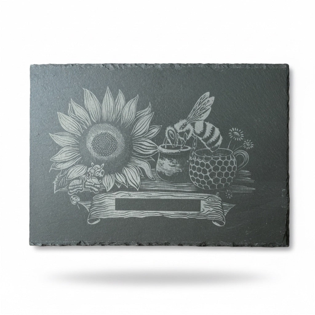 WAS Germany  Naturschiefer-Servierplatte, mit Biene und Sonnenblume, Schiefertafel personalisierbar mit Gravur 30 × 20 x 0,6 cm,   für Käse, Sushi und Antipasti