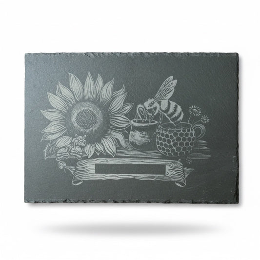 WAS Germany  Naturschiefer-Servierplatte, mit Biene und Sonnenblume, Schiefertafel personalisierbar mit Gravur 30 × 20 x 0,6 cm,   für Käse, Sushi und Antipasti