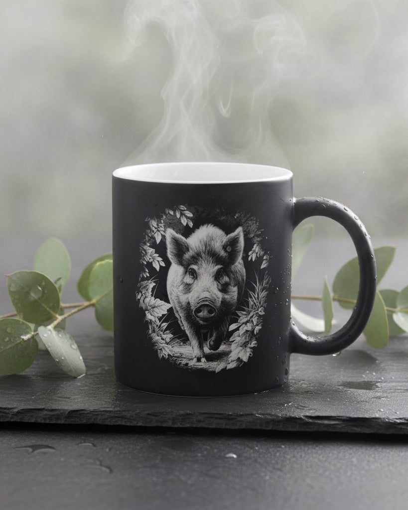 Keramik Kaffeetasse mit Lasergravur, verschiedene Motive, Schwarz, Matt mit weißem Innenbereich, Personalisierbar, Geschenkidee, 350ml