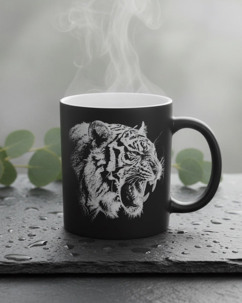 Keramik Kaffeetasse mit Lasergravur, verschiedene Motive, Schwarz, Matt mit weißem Innenbereich, Personalisierbar, Geschenkidee, 350ml