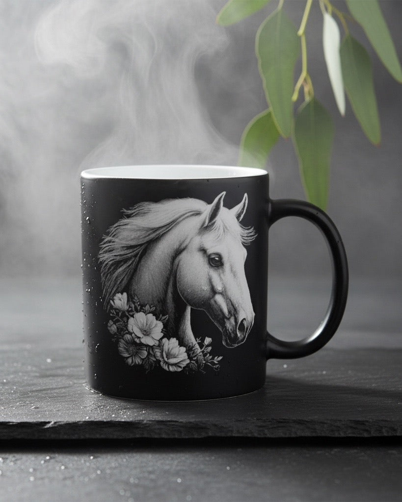 Keramik Kaffeetasse mit Lasergravur, verschiedene Motive, Schwarz, Matt mit weißem Innenbereich, Personalisierbar, Geschenkidee, 350ml