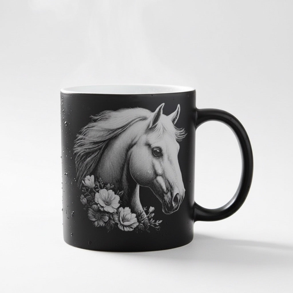 Keramik Kaffeetasse mit Lasergravur, verschiedene Motive, Schwarz, Matt mit weißem Innenbereich, Personalisierbar, Geschenkidee, 350ml