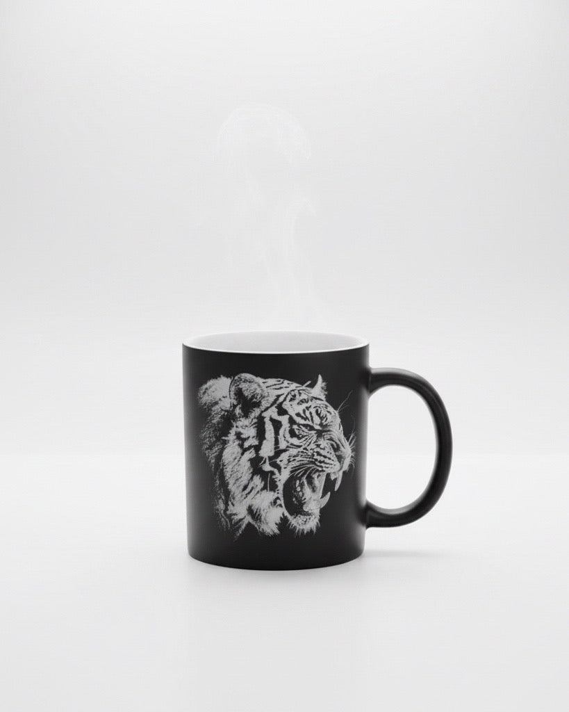 Keramik Kaffeetasse mit Lasergravur, verschiedene Motive, Schwarz, Matt mit weißem Innenbereich, Personalisierbar, Geschenkidee, 350ml
