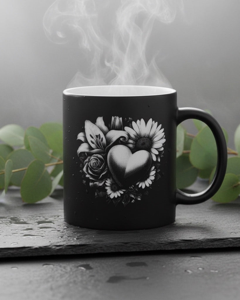 Keramik Kaffeetasse mit Lasergravur, verschiedene Motive, Schwarz, Matt mit weißem Innenbereich, Personalisierbar, Geschenkidee, 350ml