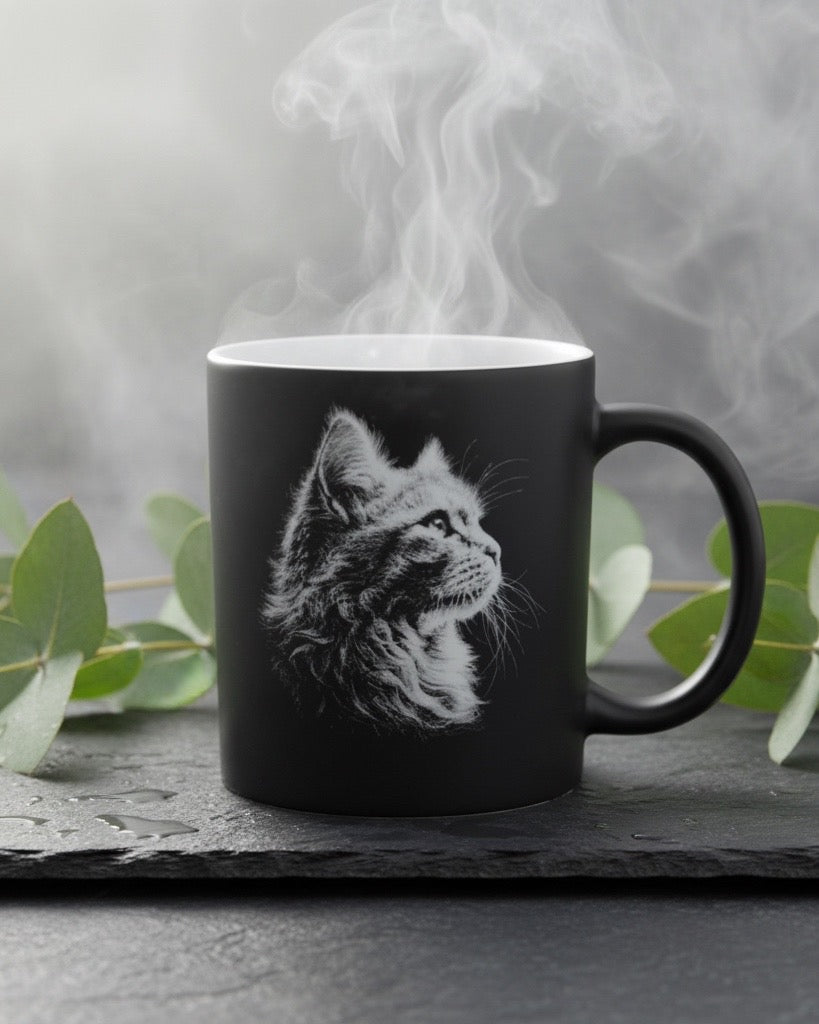 Keramik Kaffeetasse mit Lasergravur, verschiedene Motive, Schwarz, Matt mit weißem Innenbereich, Personalisierbar, Geschenkidee, 350ml