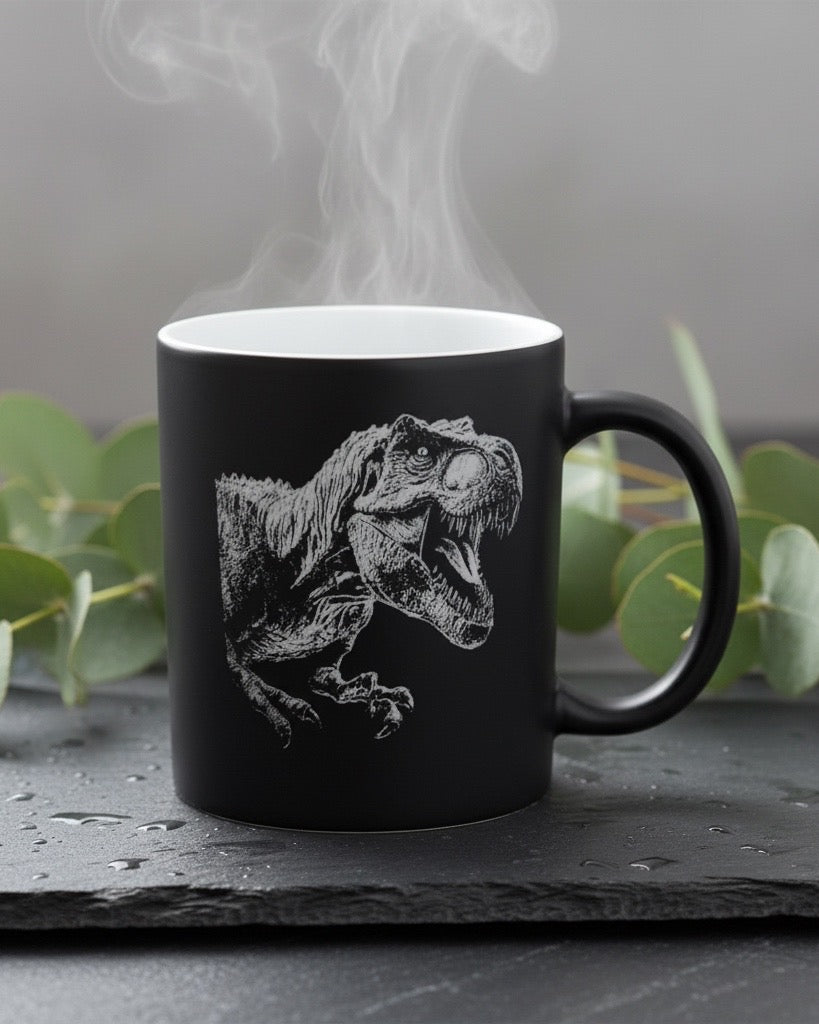 Keramik Kaffeetasse mit Lasergravur, verschiedene Motive, Schwarz, Matt mit weißem Innenbereich, Personalisierbar, Geschenkidee, 350ml