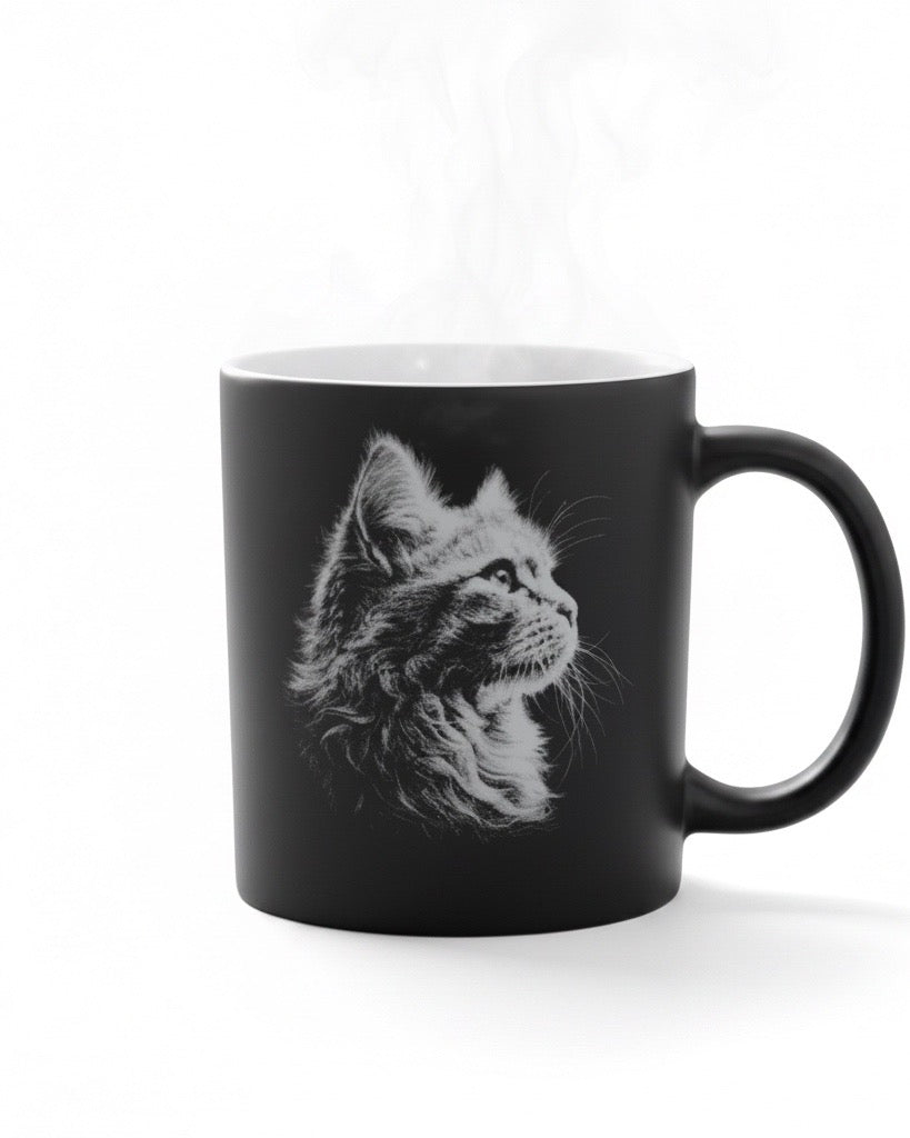 Keramik Kaffeetasse mit Lasergravur, verschiedene Motive, Schwarz, Matt mit weißem Innenbereich, Personalisierbar, Geschenkidee, 350ml