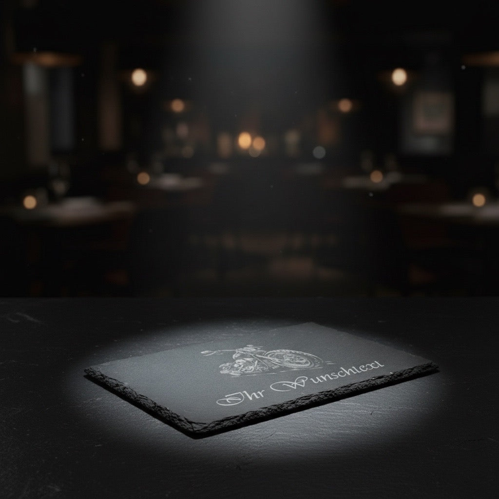 WAS Germany  Naturschiefer-Servierplatte, mit Motorrad Motiv, Schiefertafel personalisierbar mit Gravur 30 × 20 x 0,6 cm, Rechteckig,  für Käse, Sushi und Antipasti
