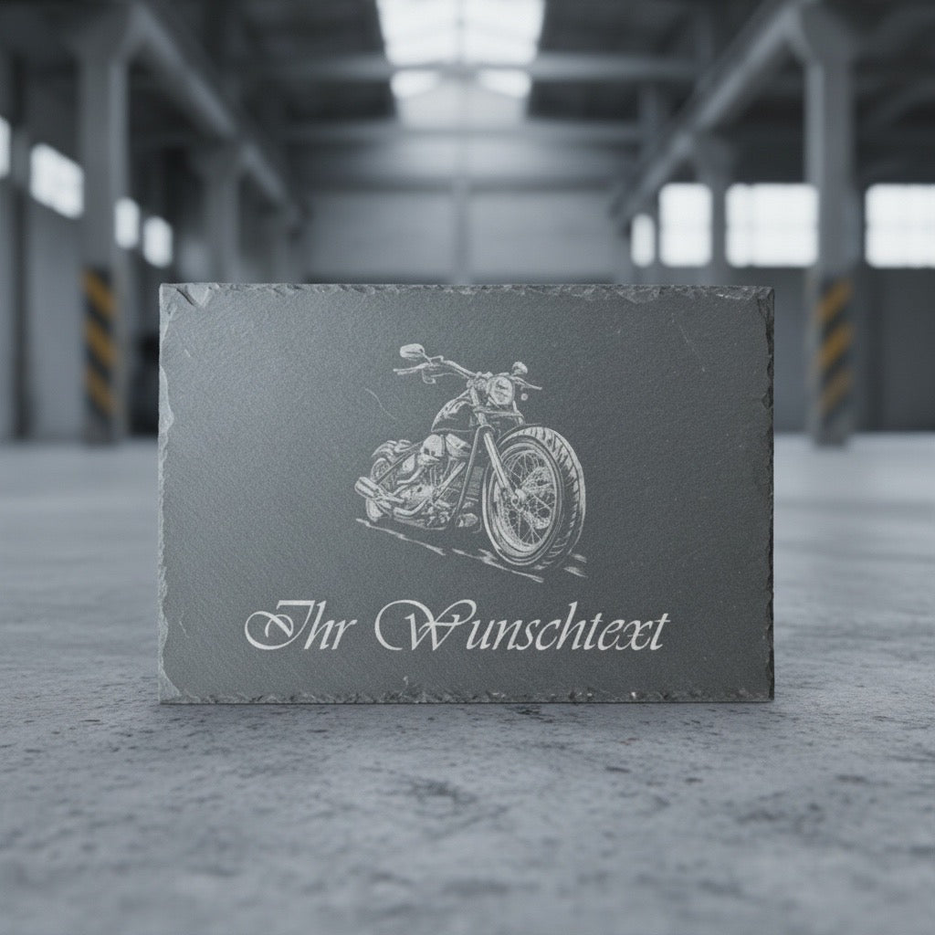 WAS Germany  Naturschiefer-Servierplatte, mit Motorrad Motiv, Schiefertafel personalisierbar mit Gravur 30 × 20 x 0,6 cm, Rechteckig,  für Käse, Sushi und Antipasti